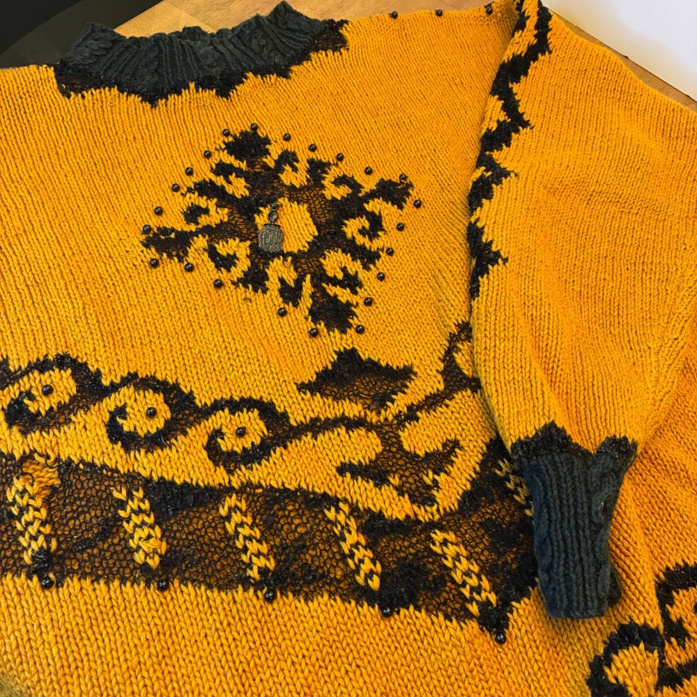 Studio Michelle Stuart Hand Knit Sweater Medium Vintage Mustard Black Abstract - Picture 10 of 17
